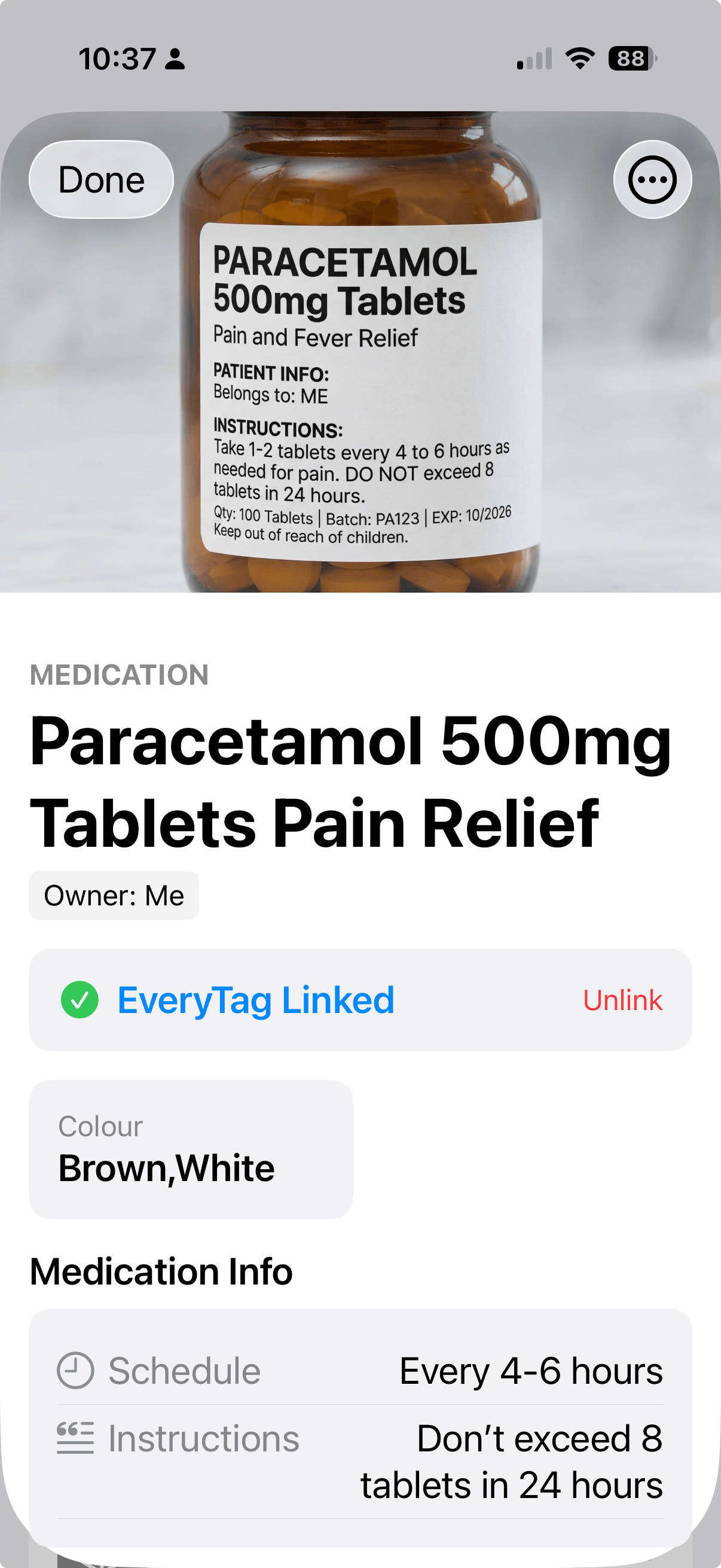 Screenshot showing the detailed view of a scanned item: Paracetamol tablets. The green status 'EveryTag Linked' confirms the tag has been successfully read.
